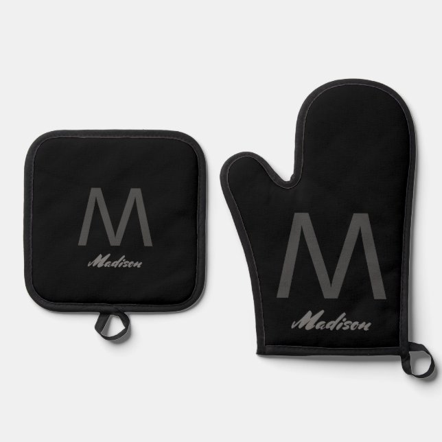 Monogramme Hochzeitsgeschenk Gefallen Elegant Grau Ofenhandschuh & Topflappen-Set (Vorderseite)