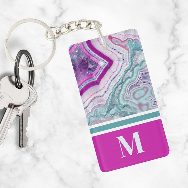 Monogramme Initial Agate Élégant Tendance Luxueux (Stylish Teal Magenta Pink Agate Stone Monogram Keychain)