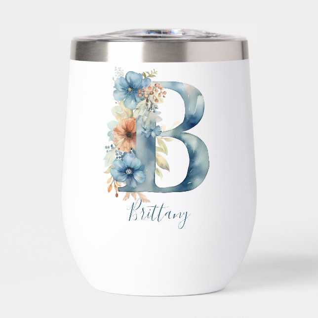Monogramme Initial B Bleu Floral Aquarelle Cadeau (Avant)