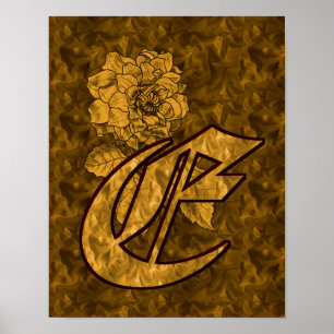 Monogramme initial E Gold Peony Poster floral