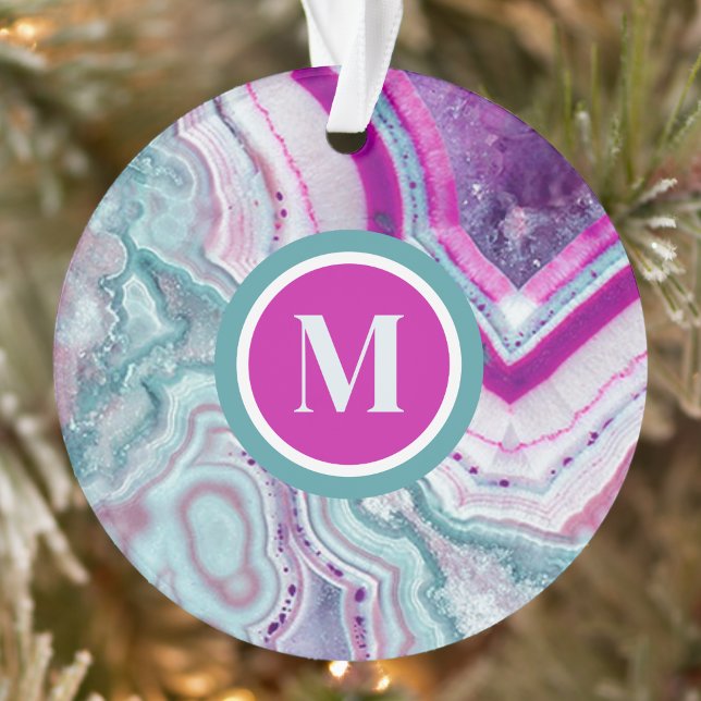 Monogramme Initial Élégant de Noël (Modern Teal Magenta Pink Agate Initial Monogram Ornament)