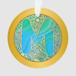 Monogramme Initial M Noël - Or, Turquoise & Bleu
