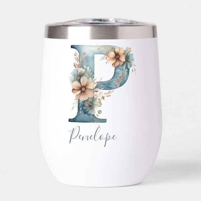 Monogramme initial P bleu floral aquarelle cadeau  (Avant)