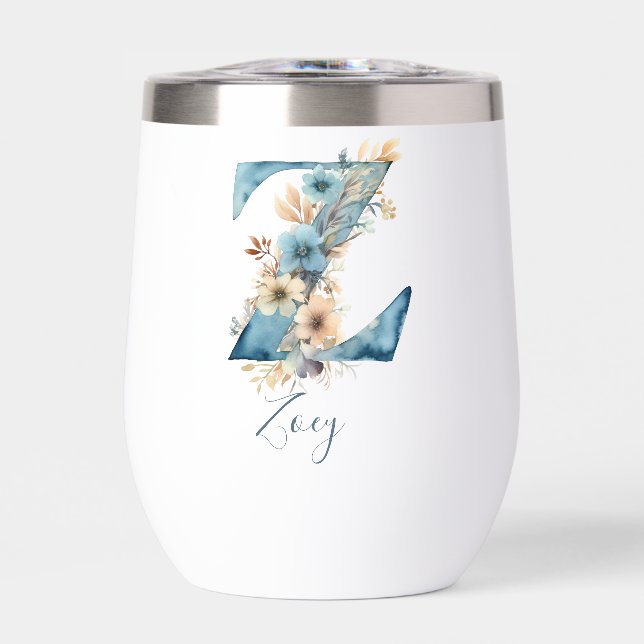 Monogramme initial Z bleu Floral Aquarelle Cadeau (Avant)