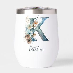 Monogramme Initiale K Cadeau Floral Bleu Aquarelle