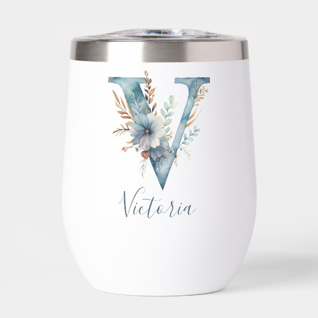 Monogramme Initiale V Bleu Floral Aquarelle Cadeau (Avant)