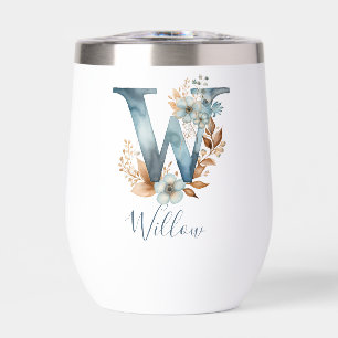 Monogramme Initiale W Fleur Bleue Aquarelle Cadeau
