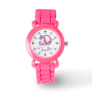 Monogramme lettre D doodle coeur filles nom montre