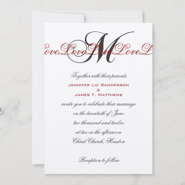 Monogramme M Love Wedding Invitations Crème Rouge (Devant)