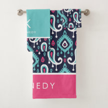 Monogramme marine et rose Ikat Paisley