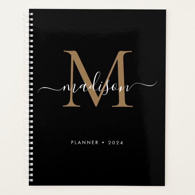 Monogramme moderne Black Gold Girly Nom du script  (Devant)