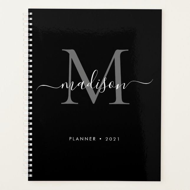 Monogramme moderne Black Grey Girly Nom de script  (Devant)