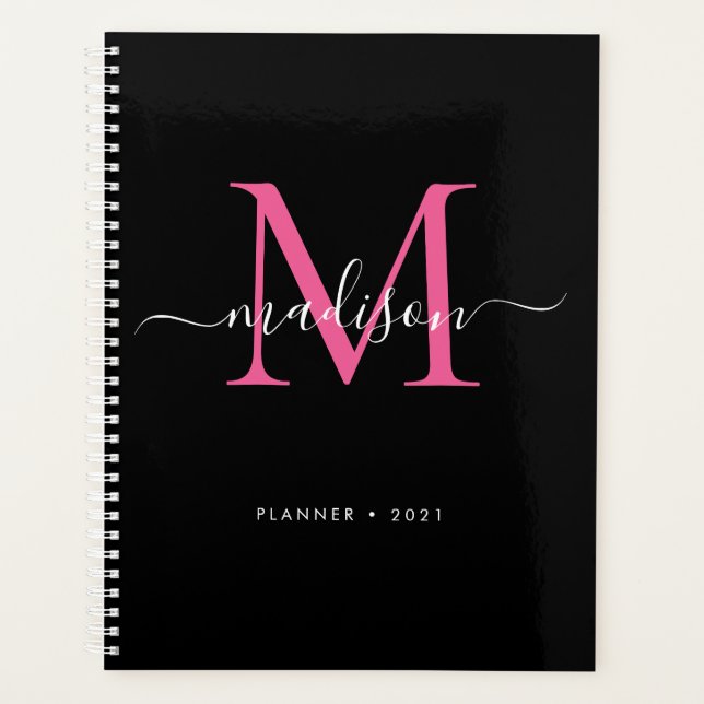 Monogramme moderne Black Hot Rose Girly Script 202 (Devant)
