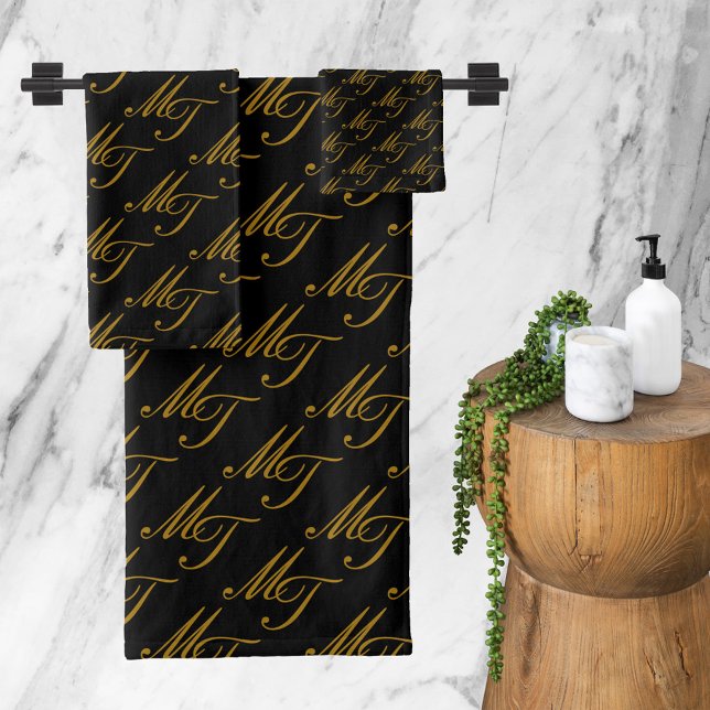 Monogramme moderne de luxe Motif Black Gold (Luxury Modern Monogram Pattern Black Gold Bath Towel Set)