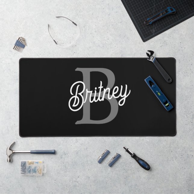 Monogramme moderne élégant Nom noir Gris noir Scri (Poste de travail)