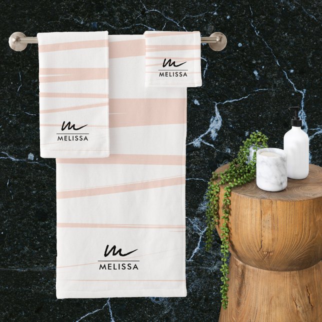 Monogramme moderne Lignes rose pâle Art Abstrait (Modern Monogram Blush Pink Lines Abstract Art Bath Towel Set)