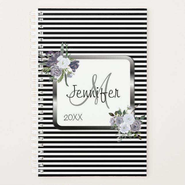 Monogramme moderne noir blanc argent Personnaliser (Devant)
