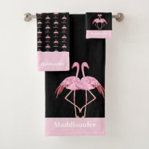 Monogramme moderne Nom Flamant rose rose noir Towe