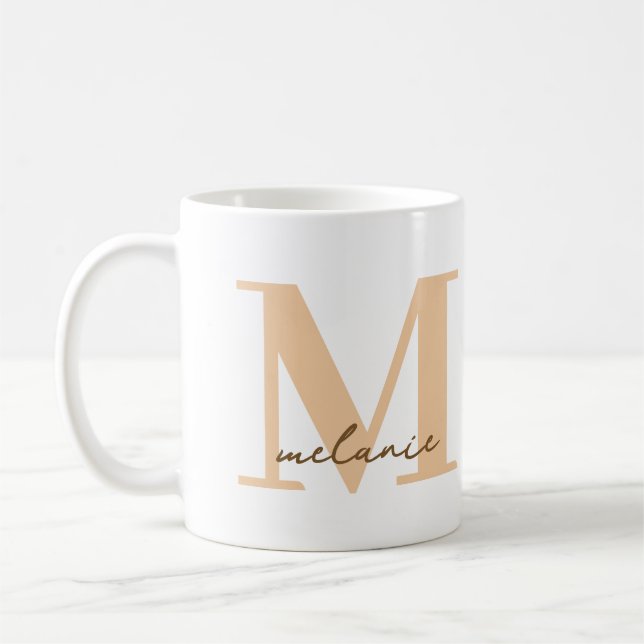 Monogramme moderne Nom Pêche cadeau café blanc Mug (Gauche)
