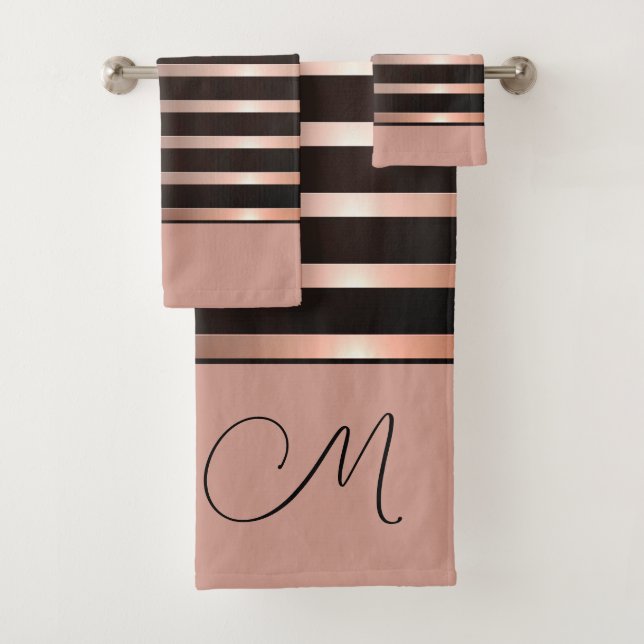 Monogramme Moderne Saumon rose rayures sur noir (En situation)
