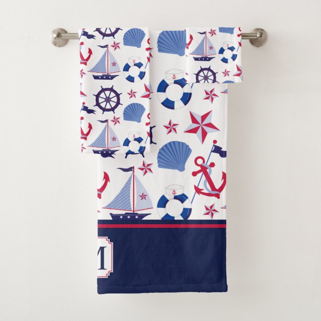 Monogramme nautique rouge de motif de bleu marine (En situation)
