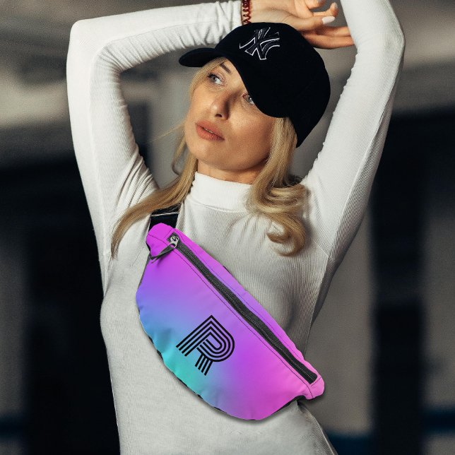 Monogramme néon rose bleu et violet ombre (Neon Pink Blue & Purple Ombre Monogram Fanny Pack)