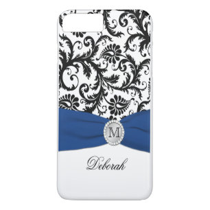 Monogramme noir, blanc, bleu Damask iPhone 7 Coque