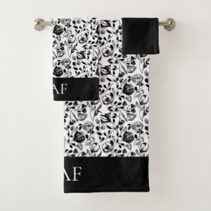 Monogramme Noir Blanc Floral Line Art Cadeau