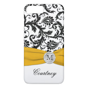 Monogramme noir, blanc, jaune Damas iPhone 7 Coque