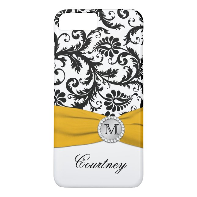 Monogramme noir, blanc, jaune Damas iPhone 7 Coque (Dos)