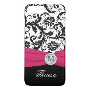 Monogramme noir, blanc, rose Damask iPhone 7 Coque