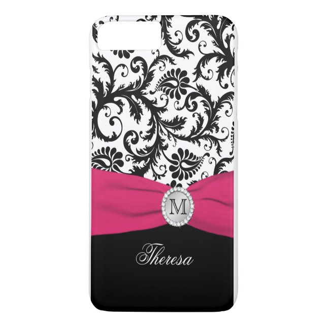 Monogramme noir, blanc, rose Damask iPhone 7 Coque (Dos)