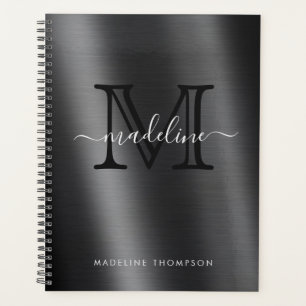 Monogramme noir brossé métallique élégant Script