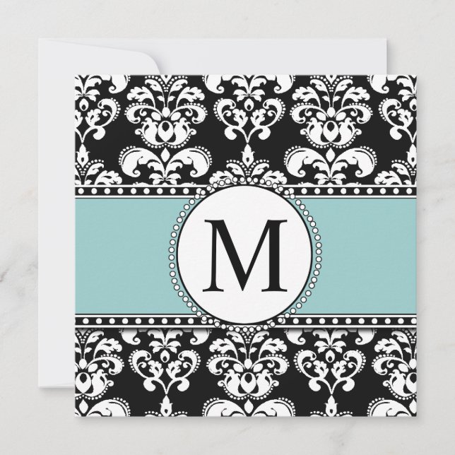 Monogramme noir Damas Invitations de mariage bleu (Devant)