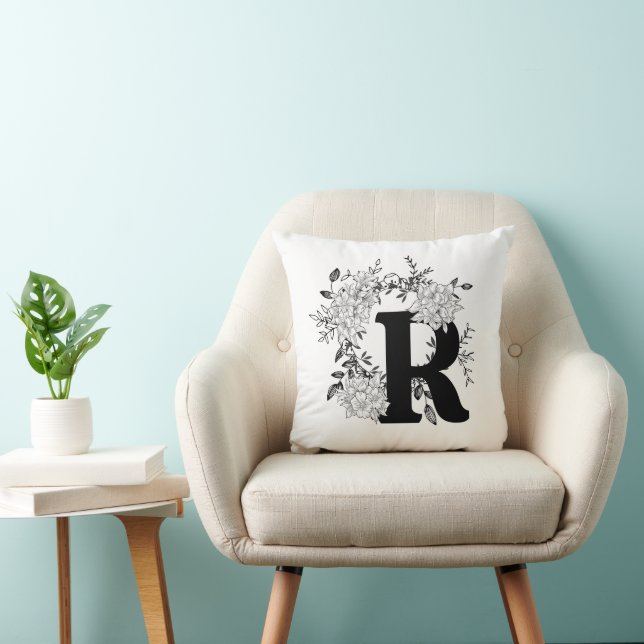 Monogramme noir et blanc Coussin floral (Chaise)
