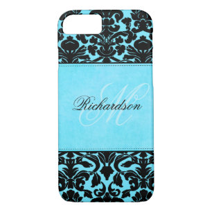 Monogramme noir et bleu Damask iPhone 7 Coque
