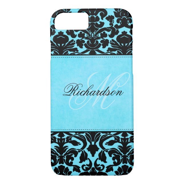Monogramme noir et bleu Damask iPhone 7 Coque (Dos)