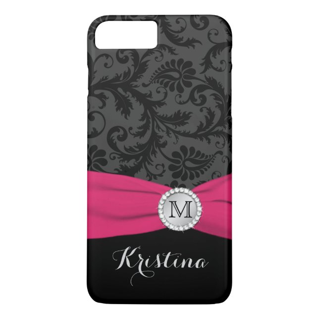 Monogramme noir, gris, rose Damask iPhone 7 Coque (Dos)