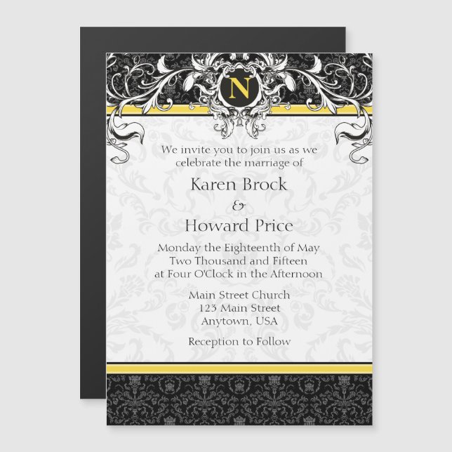 Monogramme noir jaune Faire-part de mariage magnét (Devant / Derrière)