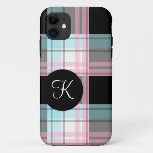 Monogramme noir rose bleu plaid iPhone 5 Coque