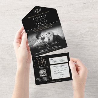Monogramme noir tout en un mariage Invitation
