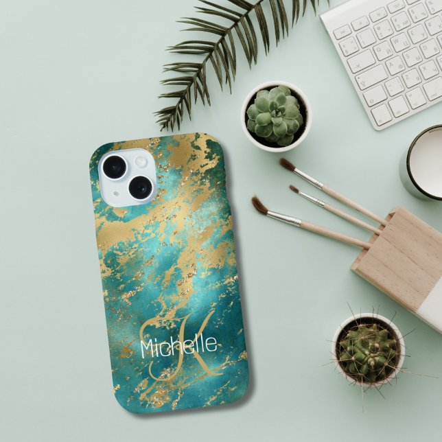 Monogramme Nom Initial Turquoise Vert Marbre Or  (Monogrammed Name Initials Green Gold Marble iPhone Case)
