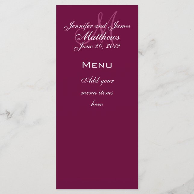 Monogramme Noms Date Mariage Menu Cartes Vin (Devant)