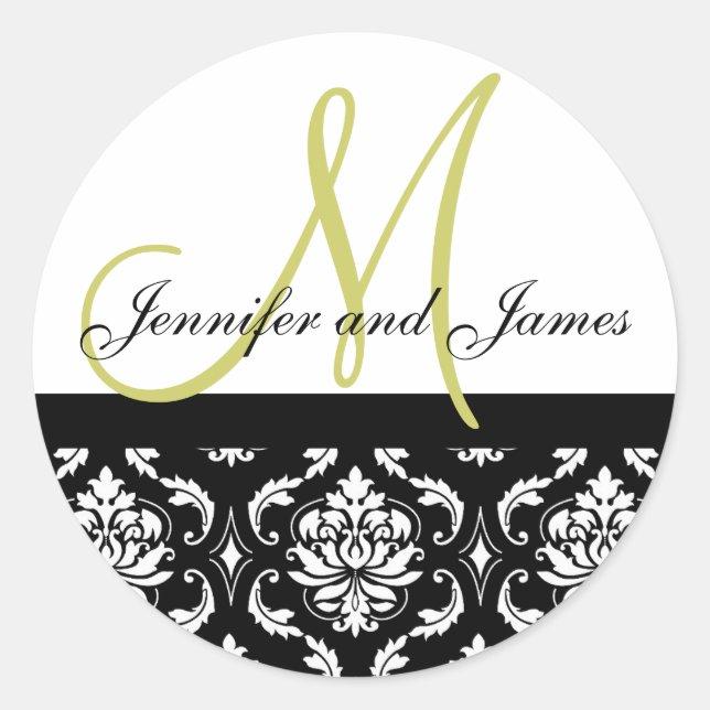 Monogramme & Noms Sticker Mariage vert Damask (Devant)
