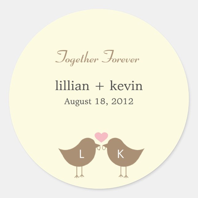 Monogramme Oiseaux Mariage Favor Sticker - Latte (Devant)