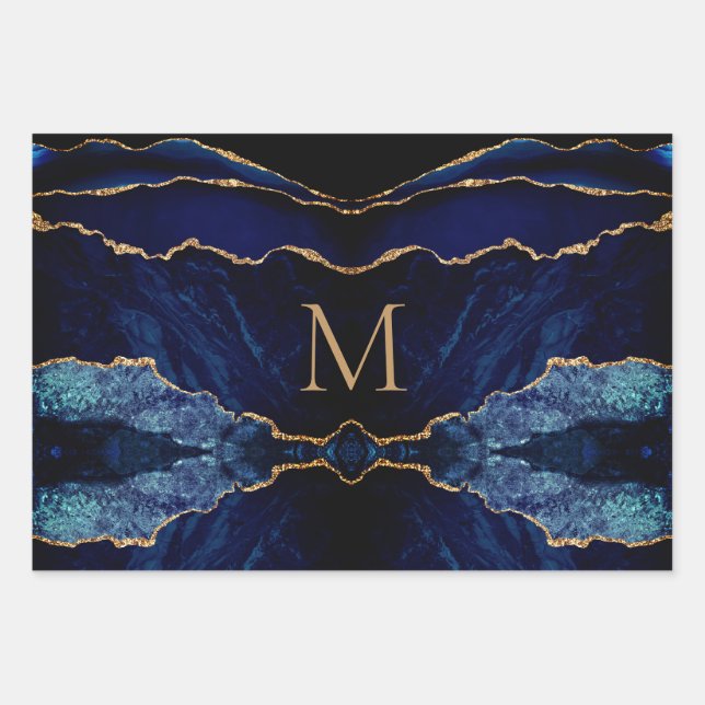 Monogramme or bleu marine Votre feuille de papier  (Devant 2)