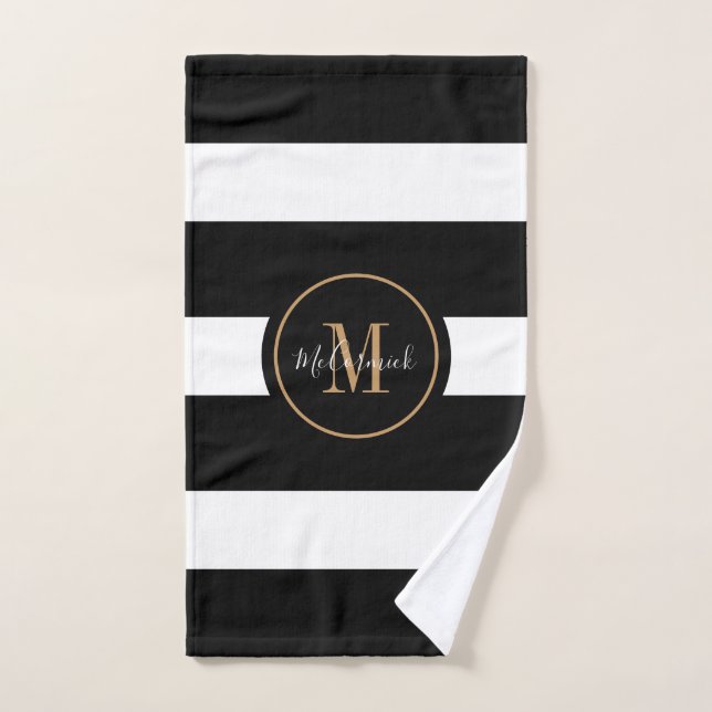 Monogramme Or de luxe moderne noir rayures blanche (Serviette à main)