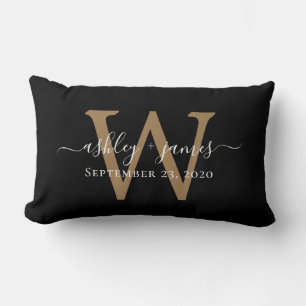 Monogramme or Mariage Date Black Lumbar Coussin