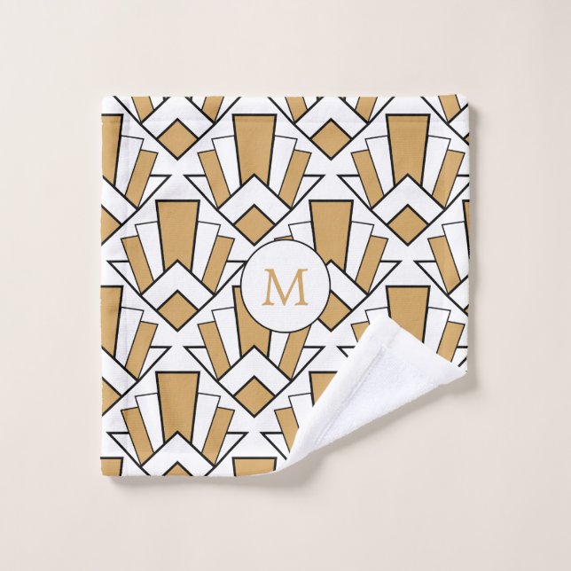 Monogramme Or, noir, blanc Fleur Art Déco (Gant de toilette)