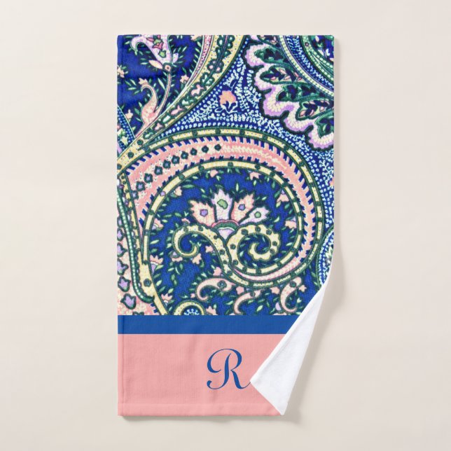 Monogramme Paisson bleu Sage vert rose pâle (Serviette à main)